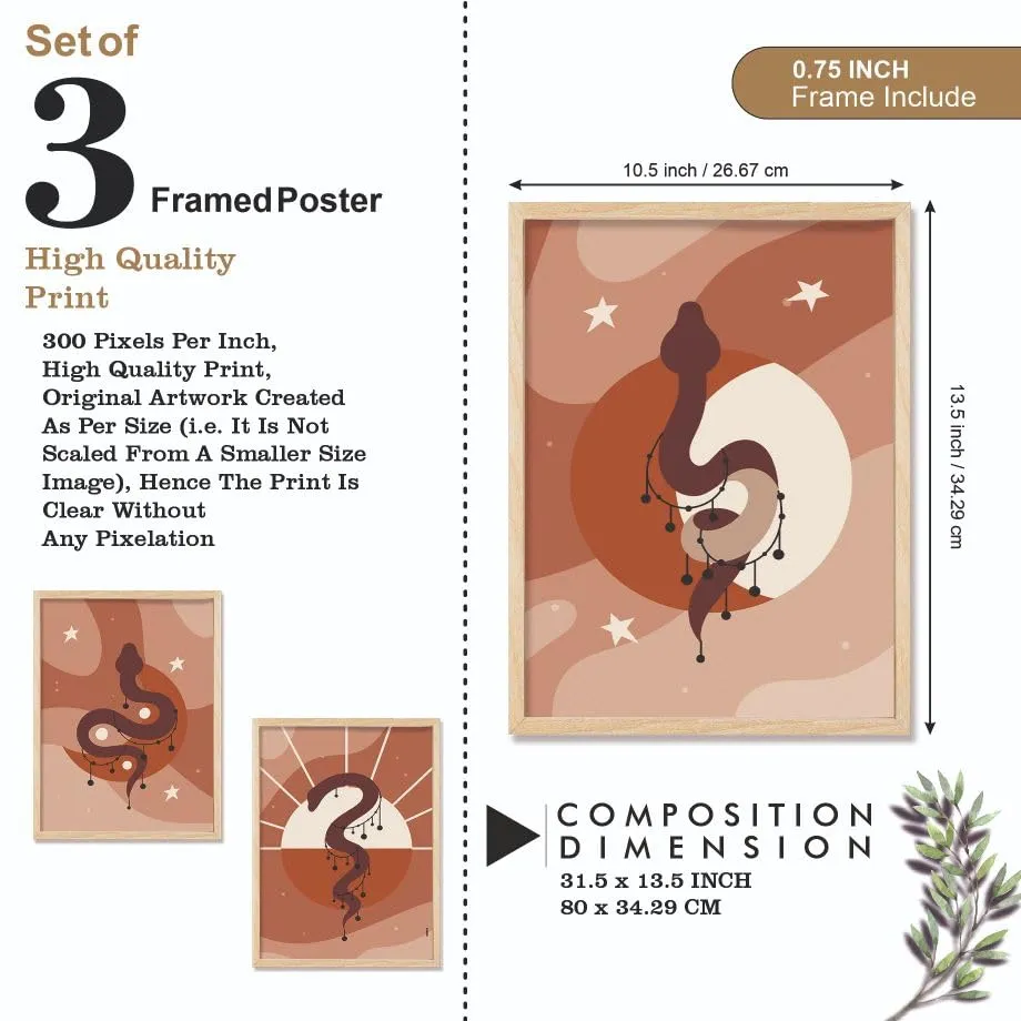 SAF paintings BOHO Set of 3 Modern Art Premium Brown frame Bohemian Painting for Wall Decoration Digital Reprint 13.5 inch x 10.5 inch Bohemian Painting (With Frame, Pack of 3) B200K3