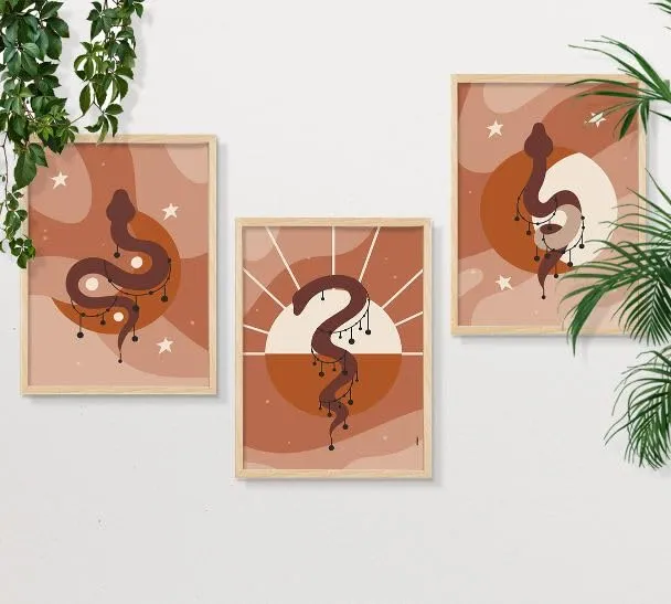 SAF paintings BOHO Set of 3 Modern Art Premium Brown frame Bohemian Painting for Wall Decoration Digital Reprint 13.5 inch x 10.5 inch Bohemian Painting (With Frame, Pack of 3) B200K3