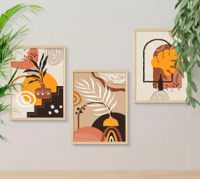 SAF paintings BOHO Set of 3 Modern Art Premium Brown frame Bohemian Painting for Wall Decoration Digital Reprint 13.5 inch x 10.5 inch Bohemian Painting (With Frame, Pack of 3) B201K3