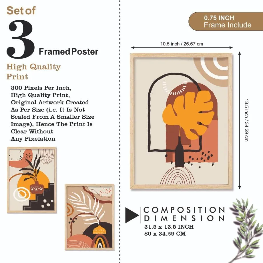 SAF paintings BOHO Set of 3 Modern Art Premium Brown frame Bohemian Painting for Wall Decoration Digital Reprint 13.5 inch x 10.5 inch Bohemian Painting (With Frame, Pack of 3) B201K3