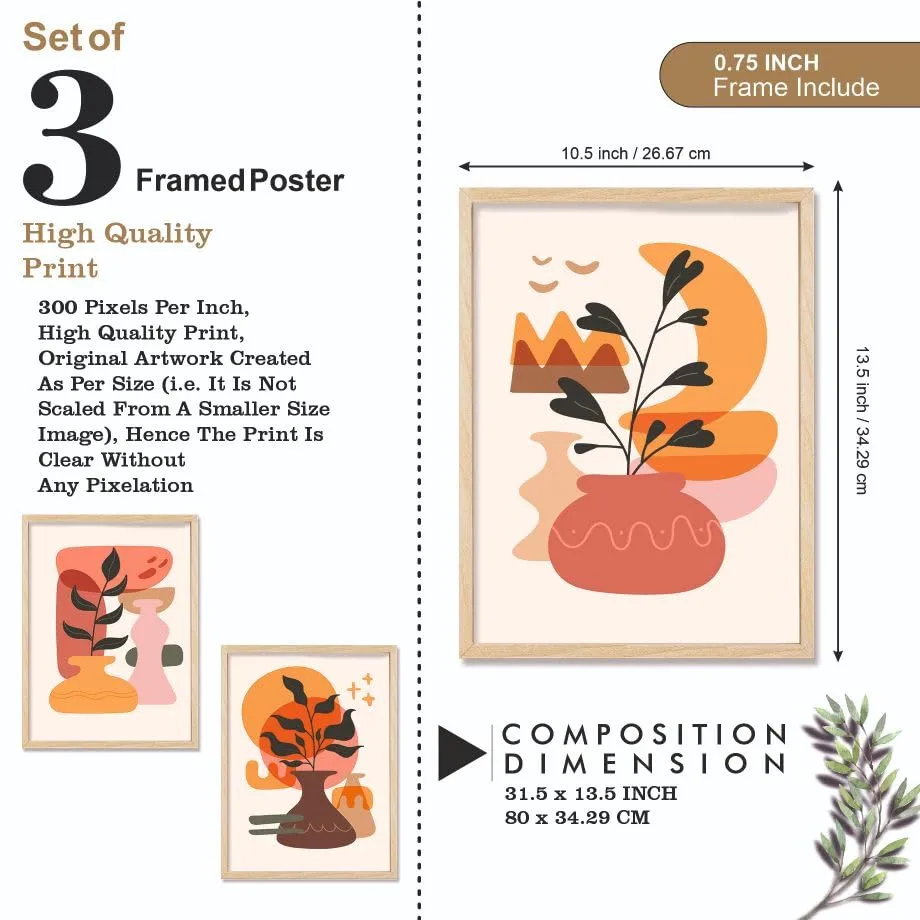 SAF paintings BOHO Set of 3 Modern Art Premium Brown frame Bohemian Painting for Wall Decoration Digital Reprint 13.5 inch x 10.5 inch Bohemian Painting (With Frame, Pack of 3) B203K3