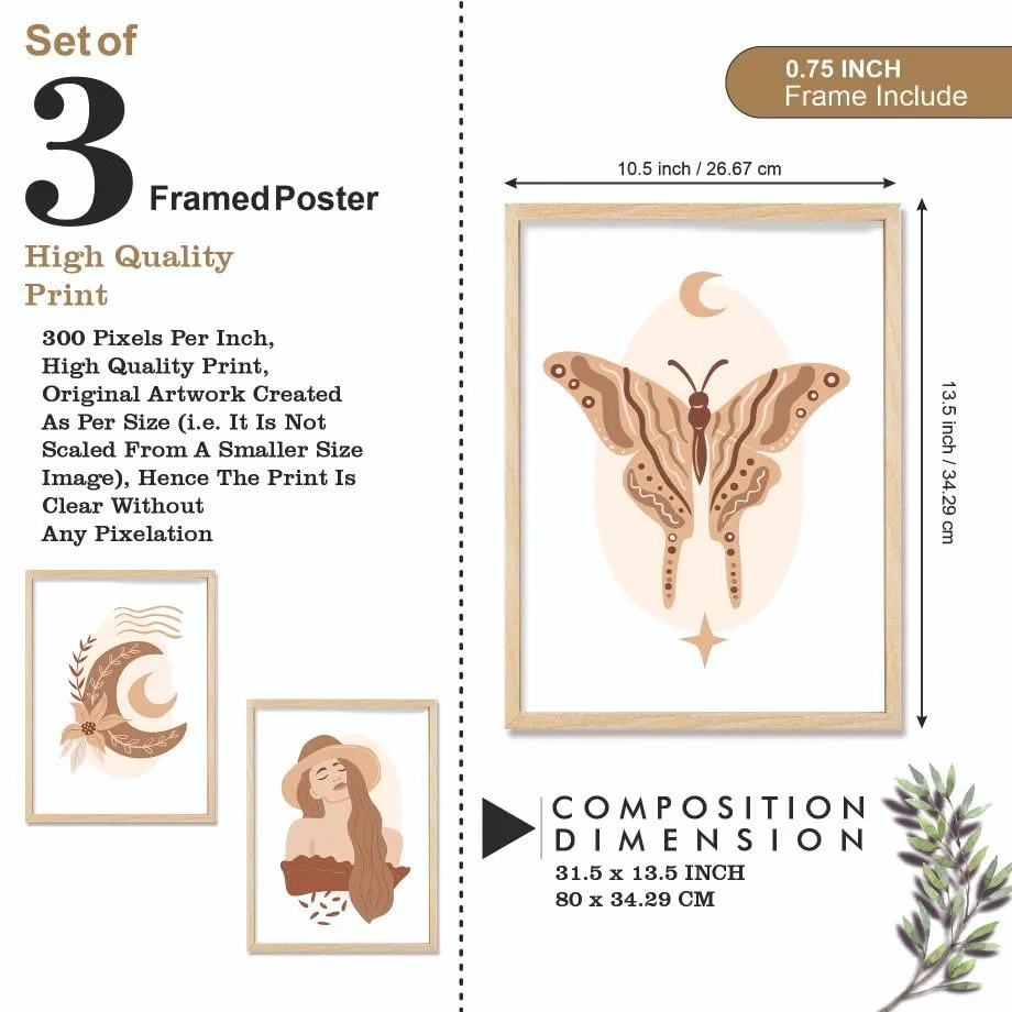 SAF paintings BOHO Set of 3 Modern Art Premium Brown frame Bohemian Painting for Wall Decoration Digital Reprint 13.5 inch x 10.5 inch Bohemian Painting (With Frame, Pack of 3) B205K3