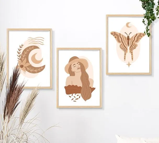 SAF paintings BOHO Set of 3 Modern Art Premium Brown frame Bohemian Painting for Wall Decoration Digital Reprint 13.5 inch x 10.5 inch Bohemian Painting (With Frame, Pack of 3) B205K3