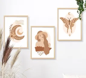 SAF paintings BOHO Set of 3 Modern Art Premium Brown frame Bohemian Painting for Wall Decoration Digital Reprint 13.5 inch x 10.5 inch Bohemian Painting (With Frame, Pack of 3) B205K3