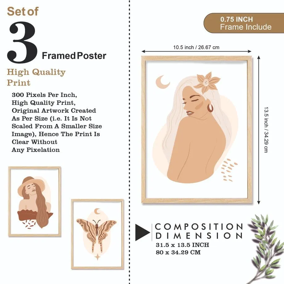 SAF paintings BOHO Set of 3 Modern Art Premium Brown frame Bohemian Painting for Wall Decoration Digital Reprint 13.5 inch x 10.5 inch Bohemian Painting (With Frame, Pack of 3) B206K3