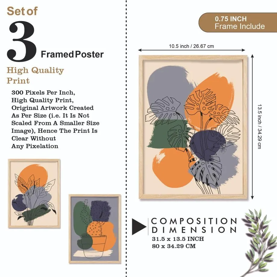 SAF paintings BOHO Set of 3 Modern Art Premium Brown frame Bohemian Painting for Wall Decoration Digital Reprint 13.5 inch x 10.5 inch Bohemian Painting (With Frame, Pack of 3) B207K3