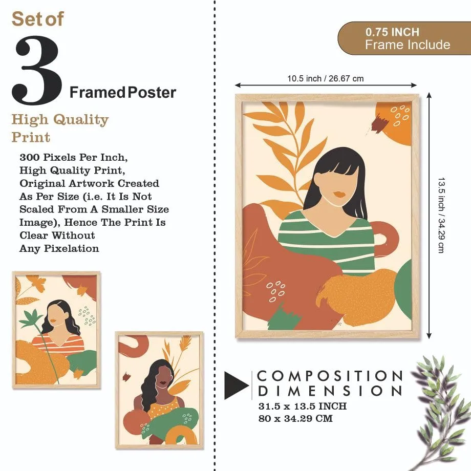 SAF paintings BOHO Set of 3 Modern Art Premium Brown frame Bohemian Painting for Wall Decoration Digital Reprint 13.5 inch x 10.5 inch Bohemian Painting (With Frame, Pack of 3) B208K3