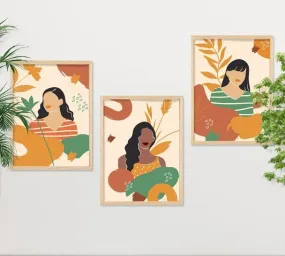 SAF paintings BOHO Set of 3 Modern Art Premium Brown frame Bohemian Painting for Wall Decoration Digital Reprint 13.5 inch x 10.5 inch Bohemian Painting (With Frame, Pack of 3) B208K3
