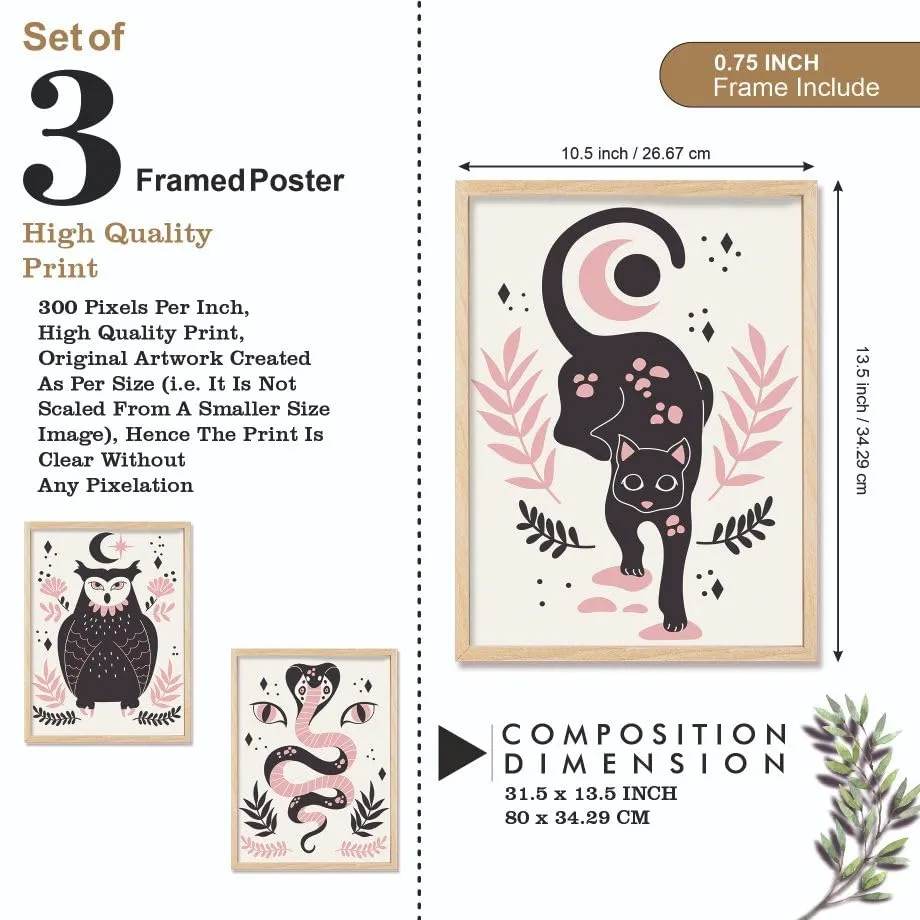 SAF paintings BOHO Set of 3 Modern Art Premium Brown frame Bohemian Painting for Wall Decoration Digital Reprint 13.5 inch x 10.5 inch Bohemian Painting (With Frame, Pack of 3) B211K3