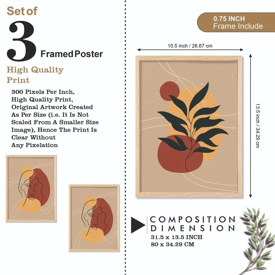 SAF paintings BOHO Set of 3 Modern Art Premium Brown frame Bohemian Painting for Wall Decoration Digital Reprint 13.5 inch x 10.5 inch Bohemian Painting (With Frame, Pack of 3) B225K3
