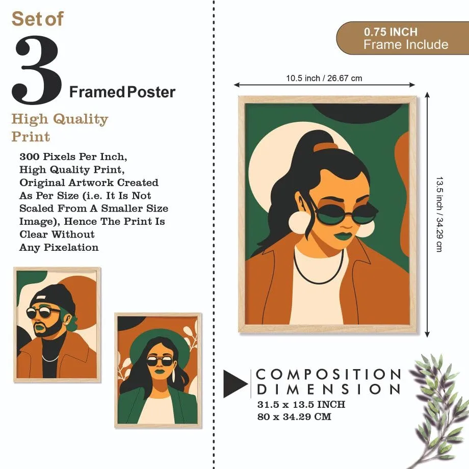 SAF paintings BOHO Set of 3 Modern Art Premium Brown frame Bohemian Painting for Wall Decoration Digital Reprint 13.5 inch x 10.5 inch Bohemian Painting (With Frame, Pack of 3) B228K3