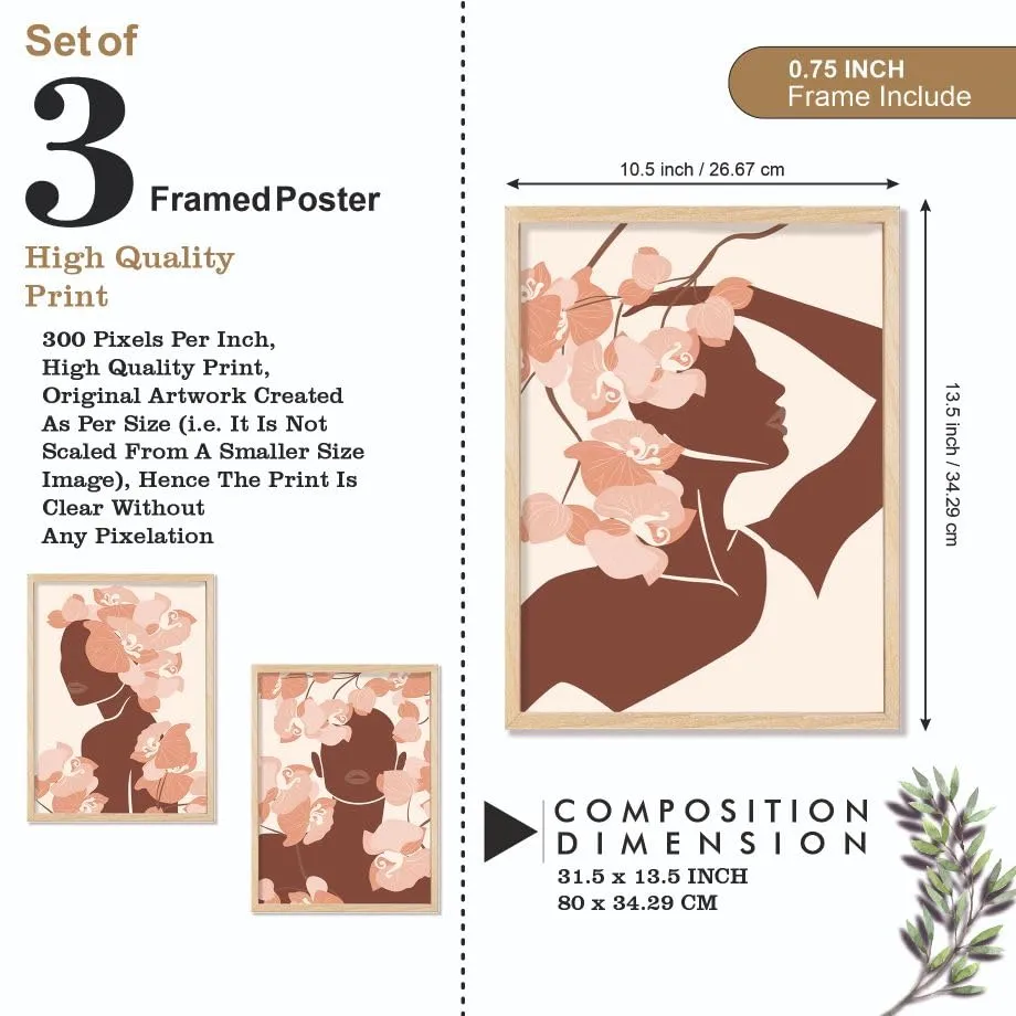 SAF paintings BOHO Set of 3 Modern Art Premium Brown frame Bohemian Painting for Wall Decoration Digital Reprint 13.5 inch x 10.5 inch Bohemian Painting (With Frame, Pack of 3) B229K3