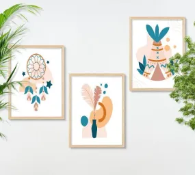 SAF paintings BOHO Set of 3 Modern Art Premium Brown frame Bohemian Painting for Wall Decoration Digital Reprint 13.5 inch x 10.5 inch Bohemian Painting (With Frame, Pack of 3) B235K3