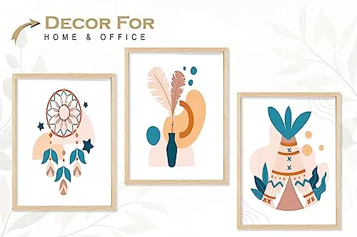 SAF paintings BOHO Set of 3 Modern Art Premium Brown frame Bohemian Painting for Wall Decoration Digital Reprint 13.5 inch x 10.5 inch Bohemian Painting (With Frame, Pack of 3) B235K3