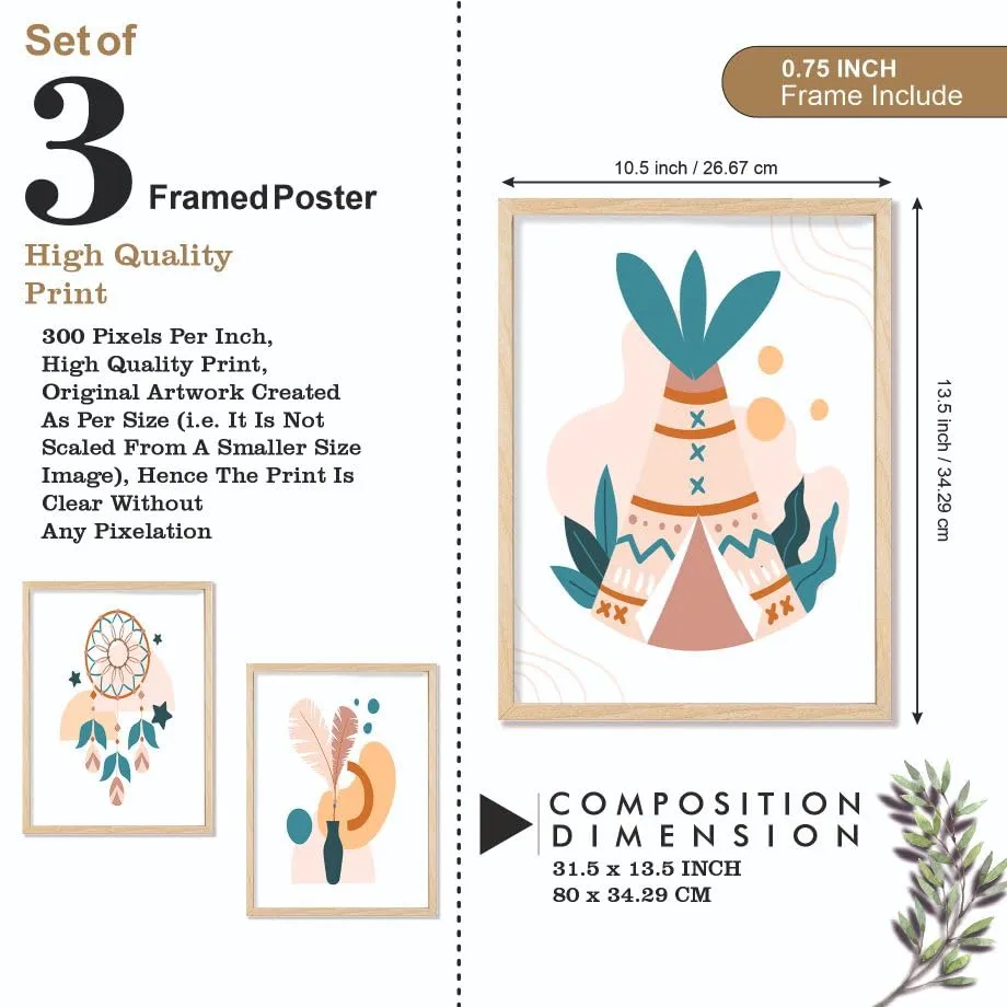 SAF paintings BOHO Set of 3 Modern Art Premium Brown frame Bohemian Painting for Wall Decoration Digital Reprint 13.5 inch x 10.5 inch Bohemian Painting (With Frame, Pack of 3) B235K3