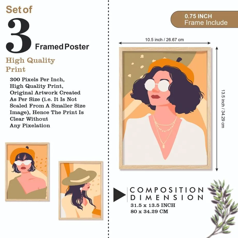 SAF paintings BOHO Set of 3 Modern Art Premium Brown frame Bohemian Painting for Wall Decoration Digital Reprint 13.5 inch x 10.5 inch Bohemian Painting (With Frame, Pack of 3) B237K3