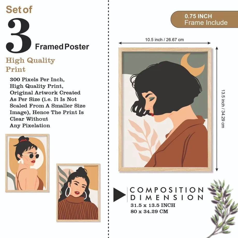 SAF paintings BOHO Set of 3 Modern Art Premium Brown frame Bohemian Painting for Wall Decoration Digital Reprint 13.5 inch x 10.5 inch Bohemian Painting (With Frame, Pack of 3) B239K3