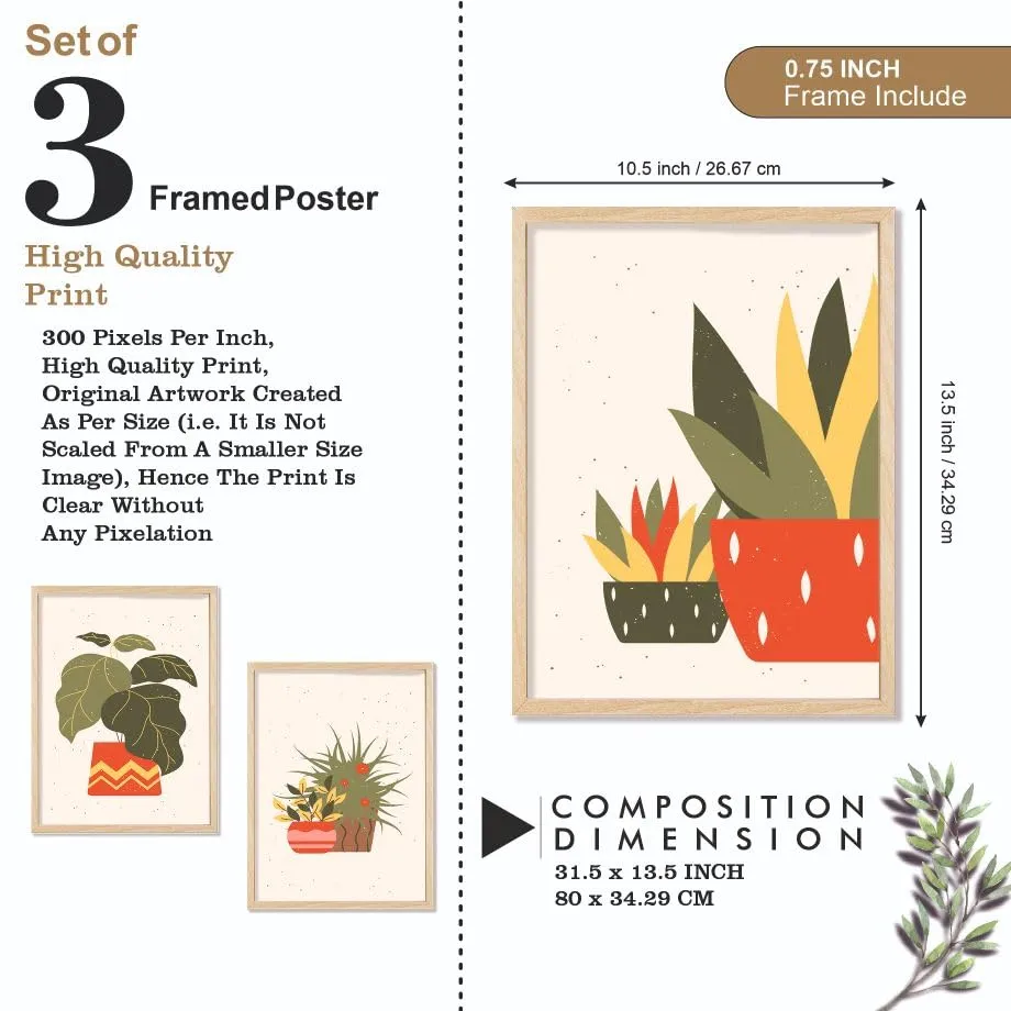 SAF paintings BOHO Set of 3 Modern Art Premium Brown frame Bohemian Painting for Wall Decoration Digital Reprint 13.5 inch x 10.5 inch Bohemian Painting (With Frame, Pack of 3) B242K3