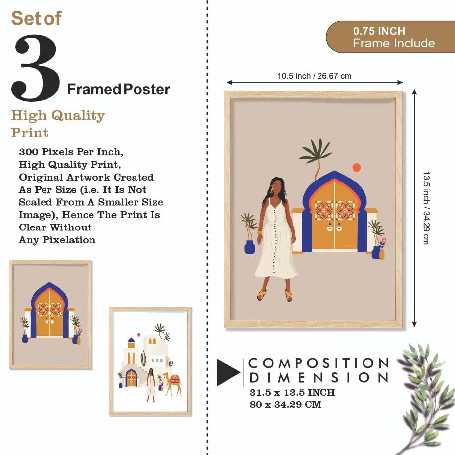SAF paintings BOHO Set of 3 Modern Art Premium Brown frame Bohemian Painting for Wall Decoration Digital Reprint 13.5 inch x 10.5 inch Bohemian Painting (With Frame, Pack of 3) B245K3