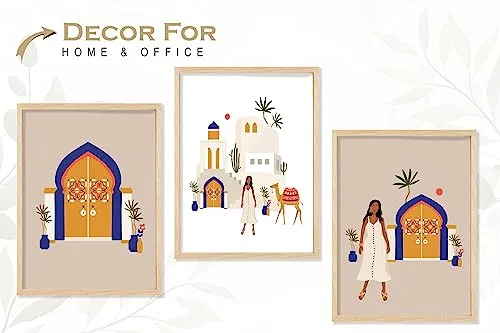SAF paintings BOHO Set of 3 Modern Art Premium Brown frame Bohemian Painting for Wall Decoration Digital Reprint 13.5 inch x 10.5 inch Bohemian Painting (With Frame, Pack of 3) B245K3