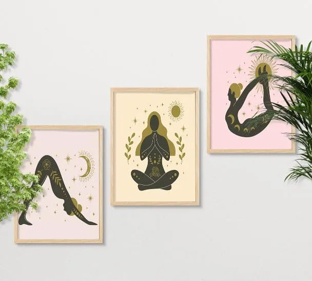 SAF paintings BOHO Set of 3 Modern Art Premium Brown frame Bohemian Painting for Wall Decoration Digital Reprint 13.5 inch x 10.5 inch Bohemian Painting (With Frame, Pack of 3) B247K3