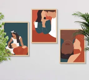 SAF paintings BOHO Set of 3 Modern Art Premium Brown frame Bohemian Painting for Wall Decoration Digital Reprint 13.5 inch x 10.5 inch Bohemian Painting (With Frame, Pack of 3) B253K3