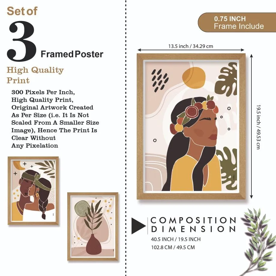 SAF paintings BOHO Set of 3 Modern Art Premium Brown frame Bohemian Painting for Wall Decoration Digital Reprint 19.5 inch x 13.5 inch Bohemian Painting (With Frame, Pack of 3) B180M3