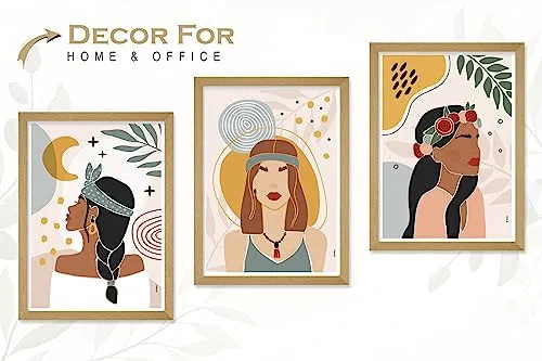 SAF paintings BOHO Set of 3 Modern Art Premium Brown frame Bohemian Painting for Wall Decoration Digital Reprint 19.5 inch x 13.5 inch Bohemian Painting (With Frame, Pack of 3) B183M3
