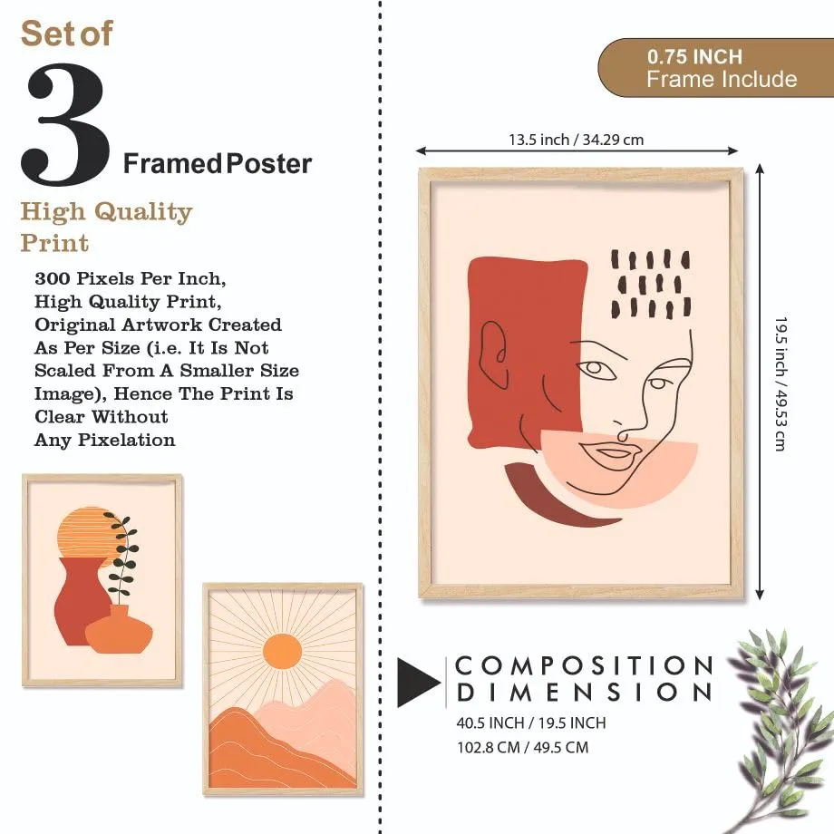 SAF paintings BOHO Set of 3 Modern Art Premium Brown frame Bohemian Painting for Wall Decoration Digital Reprint 19.5 inch x 13.5 inch Bohemian Painting (With Frame, Pack of 3) B199M3