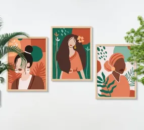 SAF paintings BOHO Set of 3 Modern Art Premium Brown frame Bohemian Painting for Wall Decoration Digital Reprint 19.5 inch x 13.5 inch Bohemian Painting (With Frame, Pack of 3) B220M3
