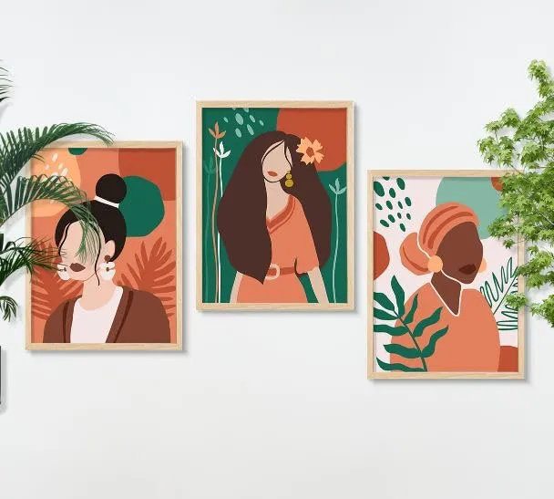 SAF paintings BOHO Set of 3 Modern Art Premium Brown frame Bohemian Painting for Wall Decoration Digital Reprint 19.5 inch x 13.5 inch Bohemian Painting (With Frame, Pack of 3) B220M3