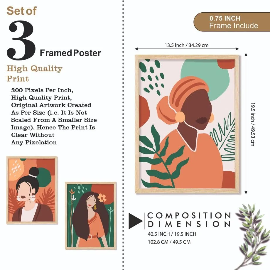 SAF paintings BOHO Set of 3 Modern Art Premium Brown frame Bohemian Painting for Wall Decoration Digital Reprint 19.5 inch x 13.5 inch Bohemian Painting (With Frame, Pack of 3) B220M3