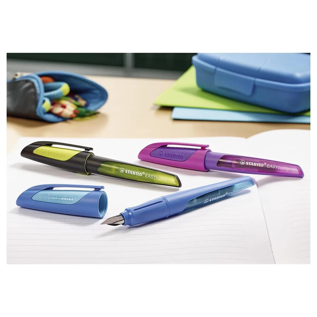 STABILO EASYbuddy Ergonomic Refillable School Fountain Pen 'L' Nib Black/Lime Left Handed Grip
